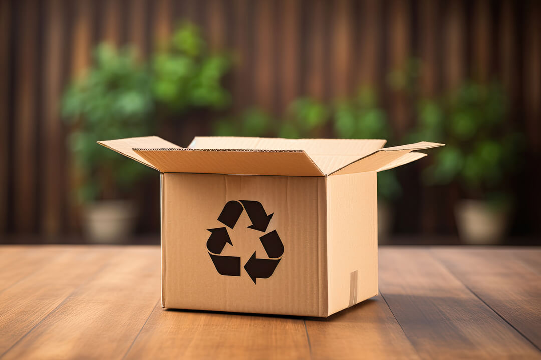 Caixa de papelão aberta após ser enviada por um transporte de encomendas sustentável.