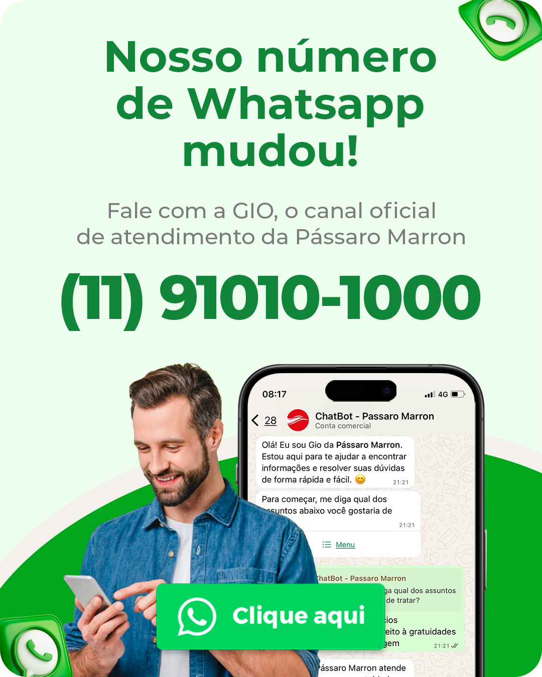 Atendimento da Pássaro Marron pelo WhatsApp