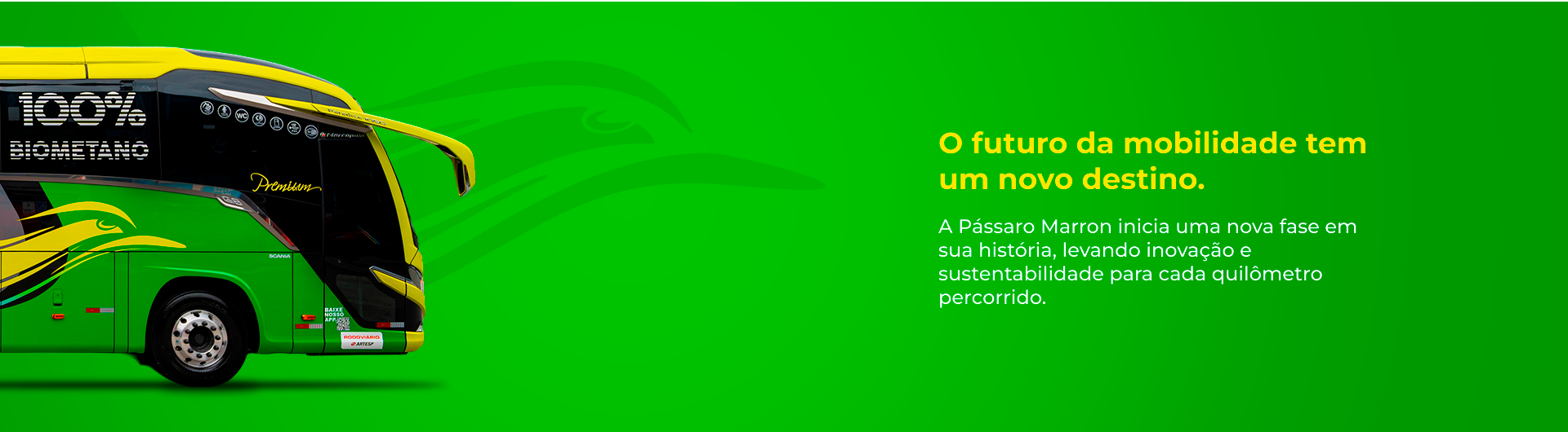 Ônibus da Pássaro Marron movido a biometano, representando o futuro da mobilidade sustentável com inovação e menor emissão de carbono.