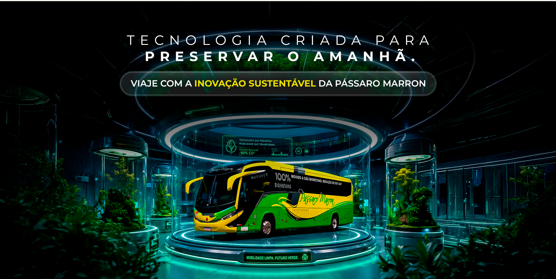 Ônibus sustentável da Pássaro Marron movido a gás biometano em cenário futurista, destacando tecnologia, mobilidade limpa e redução de emissões de CO₂.