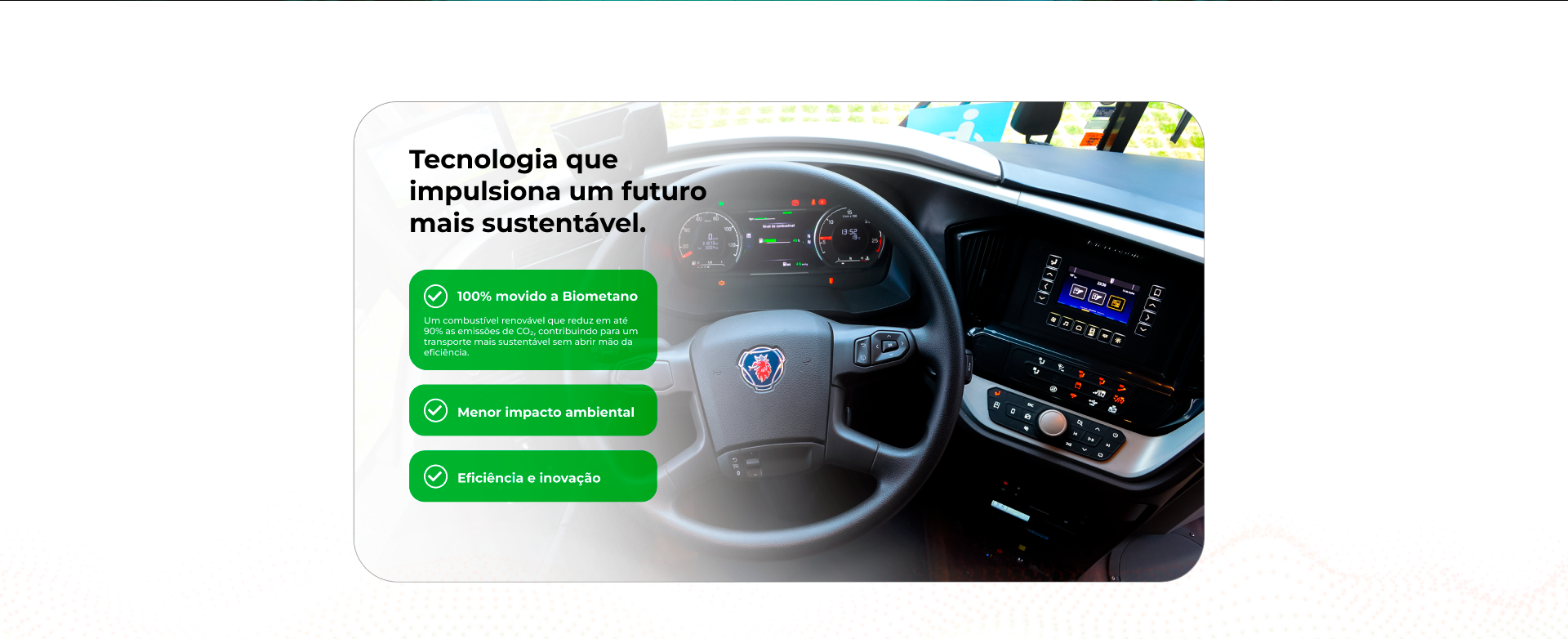 Painel interno de ônibus da Pássaro Marron movido a biometano, destacando tecnologia sustentável, eficiência operacional e menor impacto ambiental.