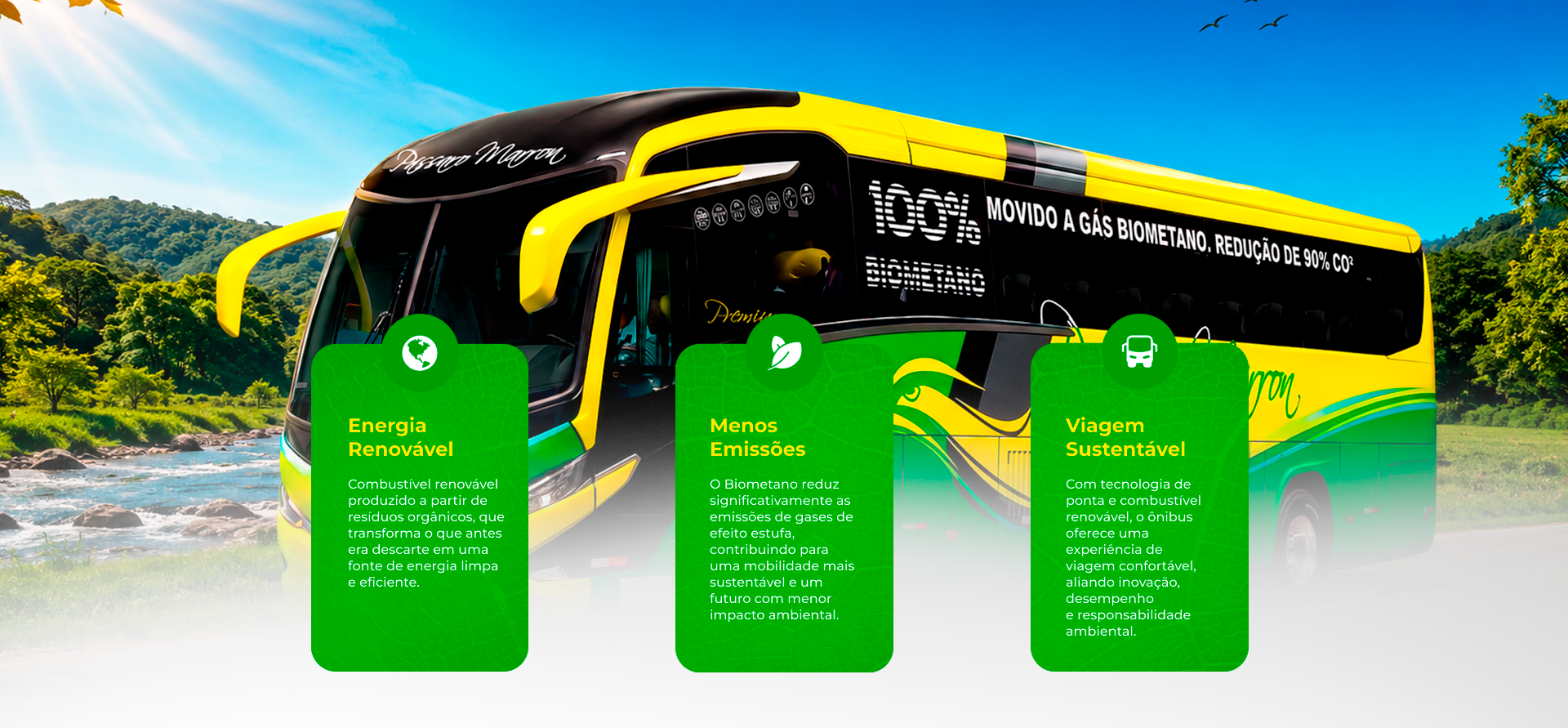 Ônibus da Pássaro Marron 100% movido a biometano, destacando energia renovável, redução de emissões de CO₂ e mobilidade sustentável.