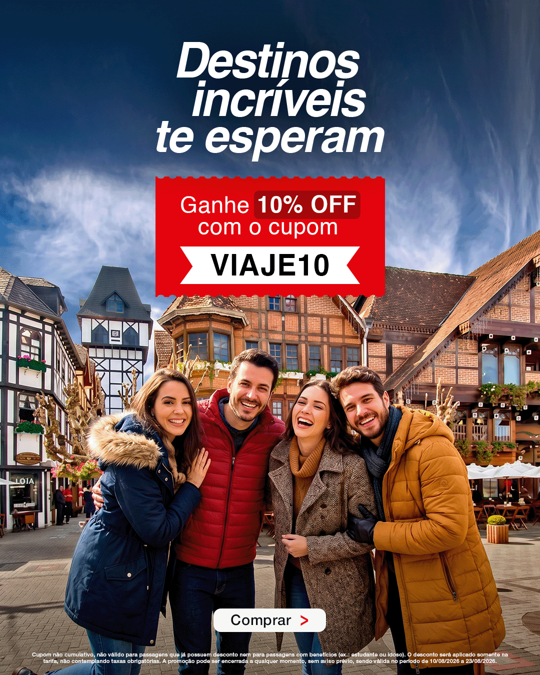 Banner mobile da Pássaro Marron com destinos incríveis e 10% de desconto em passagens usando o cupom VIAJE10.