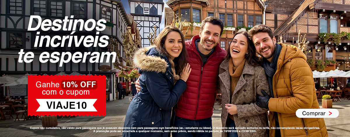 Banner promocional da Pássaro Marron com destinos incríveis e 10% de desconto em passagens com o cupom VIAJE10.