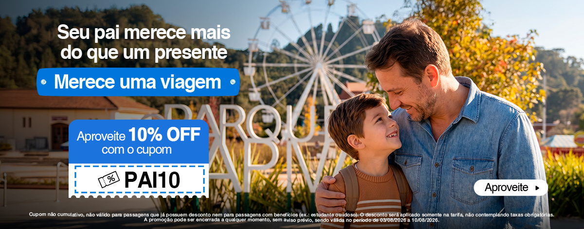 Campanha de Dia dos Pais da Pássaro Marron com pai e filho e cupom PAI10 para 10% de desconto em passagens de ônibus.